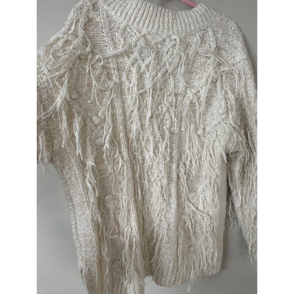 Anthropologie Fringed Boho Pullover Oversized Ivory Preppy Sweater Top Sz M New